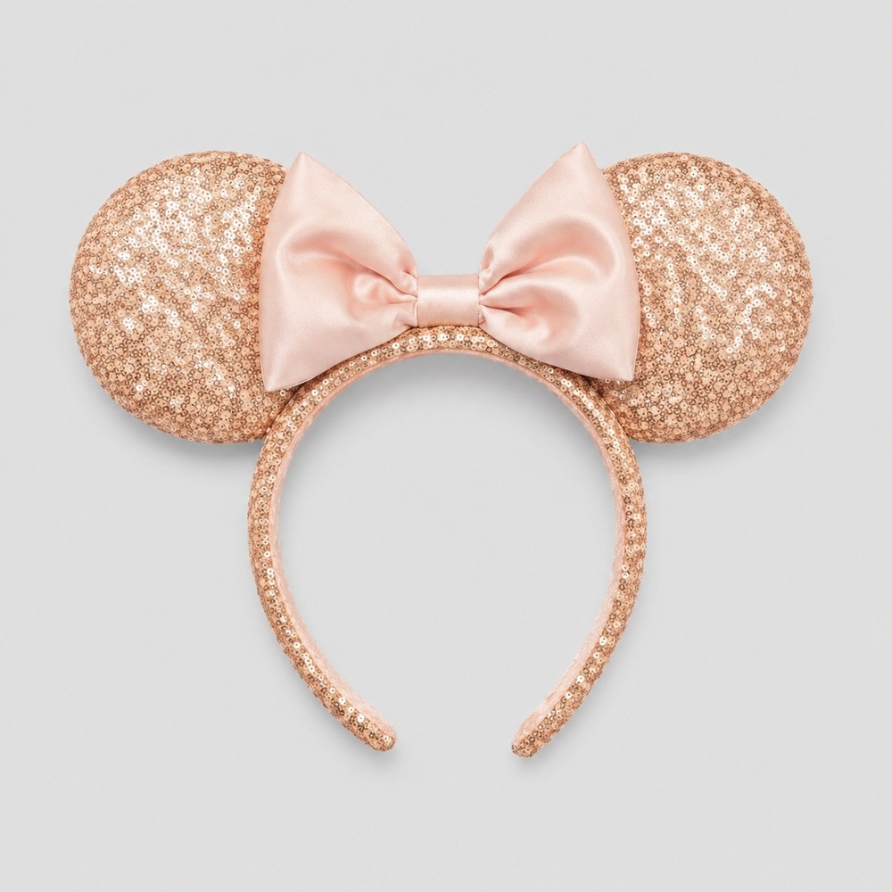 Disney Parks Minnie Mouse Rose Gold Sequin Satin Bow Ear Headband One Size